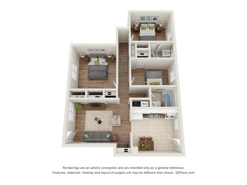Floor plan for 3 beds, 2 baths, 965 sqft